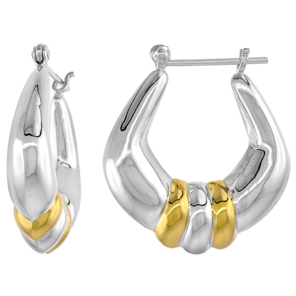 Sabrina Silver Sterling Silver Snap-down-post Hoop Earrings, w/ 2-Tone Gold Plate Accent, 1 1/16" (27 mm) tall