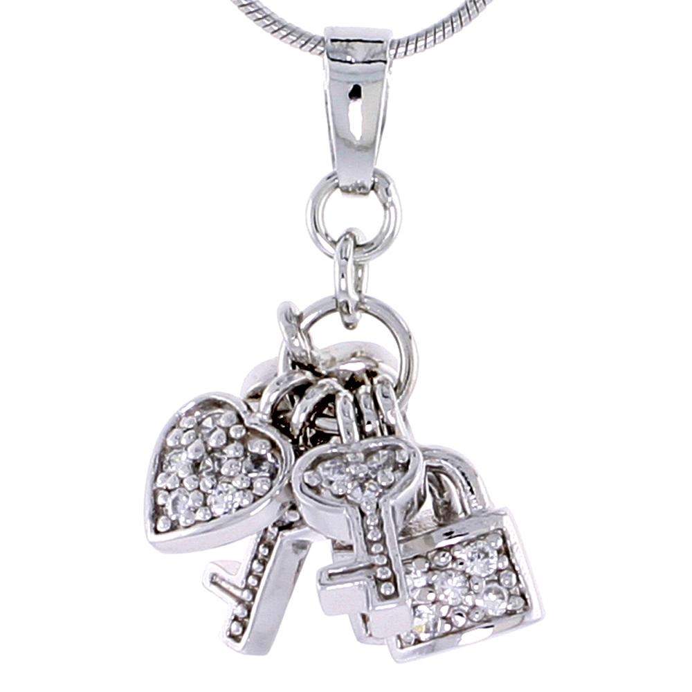 Sabrina Silver Sterling Silver Jeweled Pendant w/ Heart Key Padlock & Cubic Zirconia, 7/8" (22 mm)
