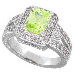 Sabrina Silver Sterling Silver Peridot Cubic Zirconia Halo Engagement Ring Emerald Cut 1  ct cntr, sizes 6-9