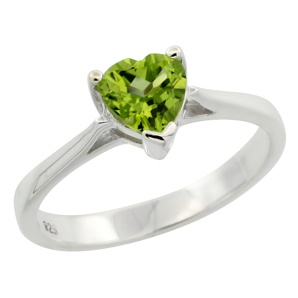 Sabrina Silver Sterling Silver Peridot 3/4 ct Heart Solitaire Ring 1/4 inch wide, sizes 6 - 10