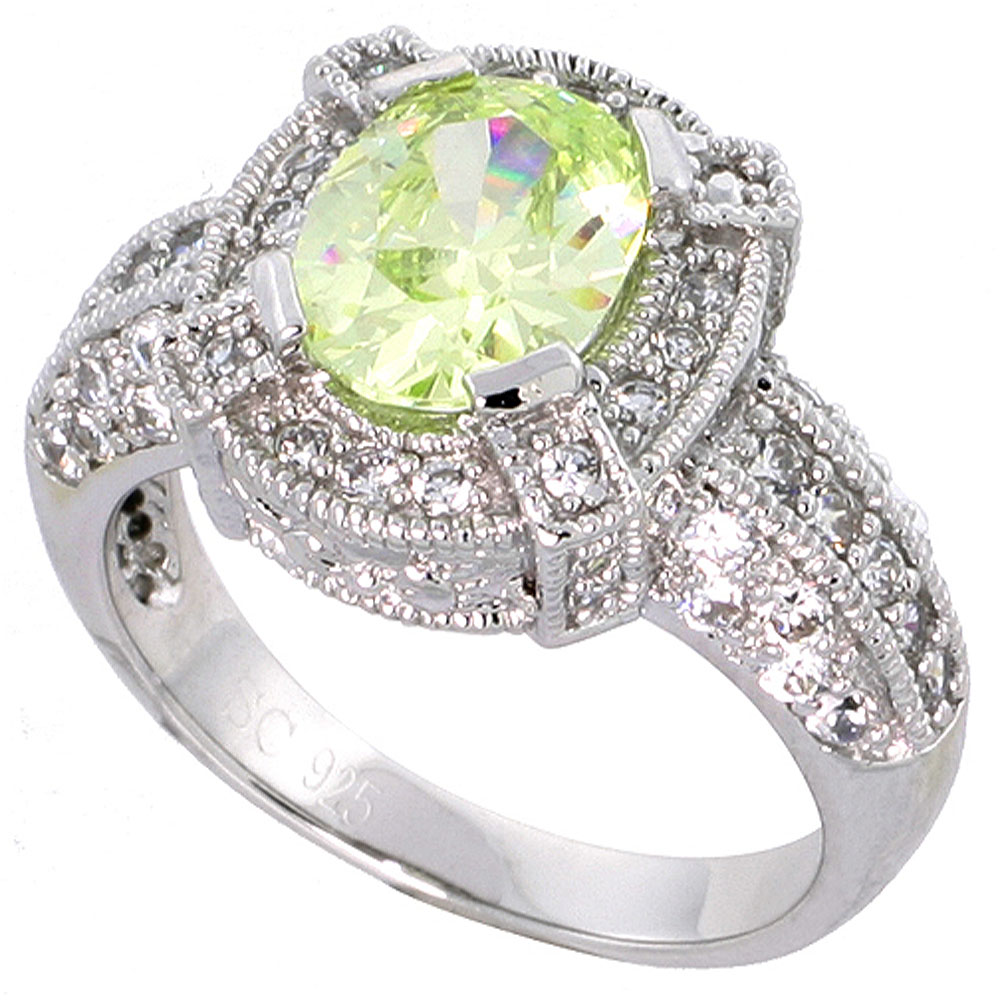 Sabrina Silver Sterling Silver Vintage Style Peridot Cubic Zirconia Halo Engagement Ring Oval 2 ct Center , sizes 6-9