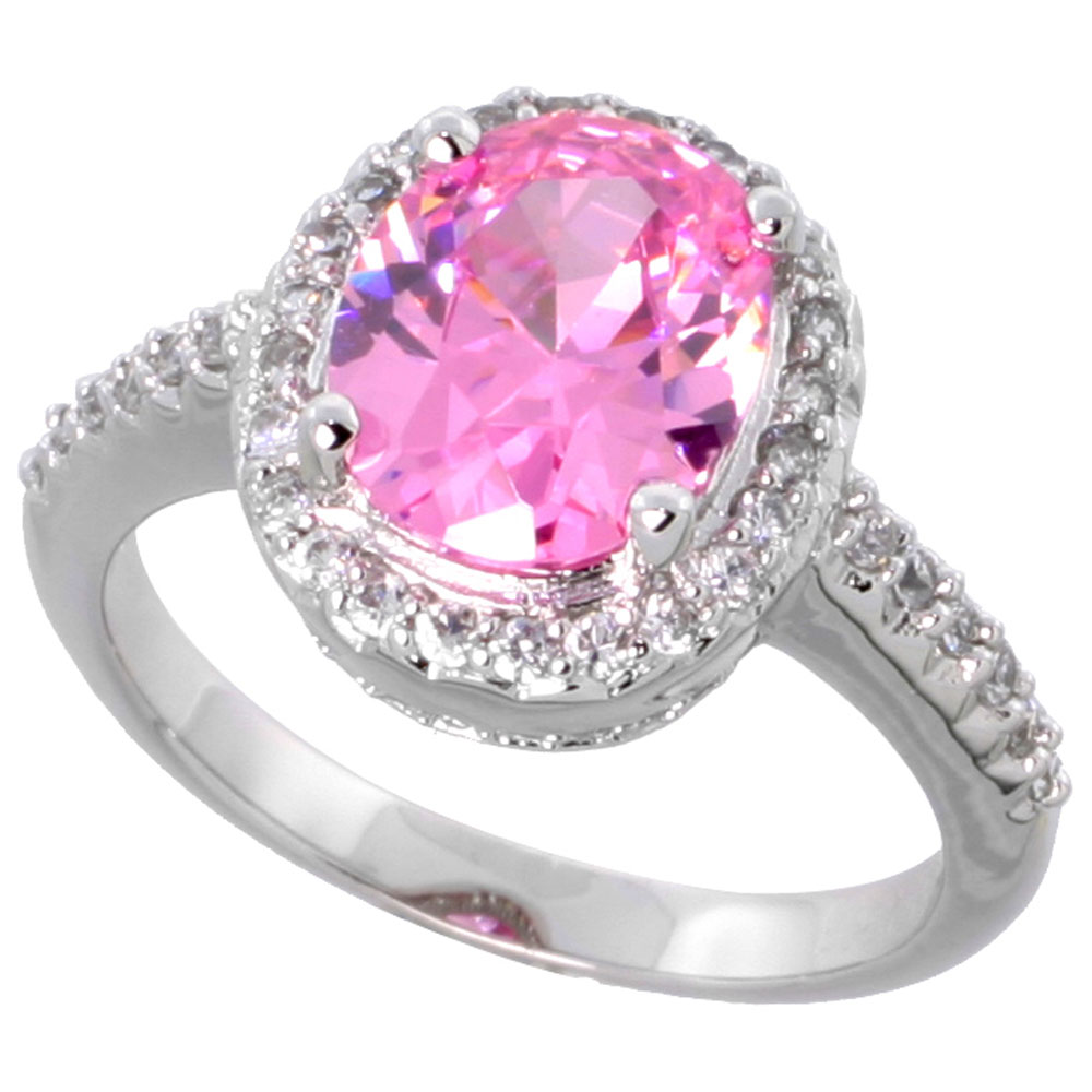 Sabrina Silver Sterling Silver Vintage Style Pink Cubic Zirconia Halo Engagement Ring Oval 3 ct Center, sizes 6-9