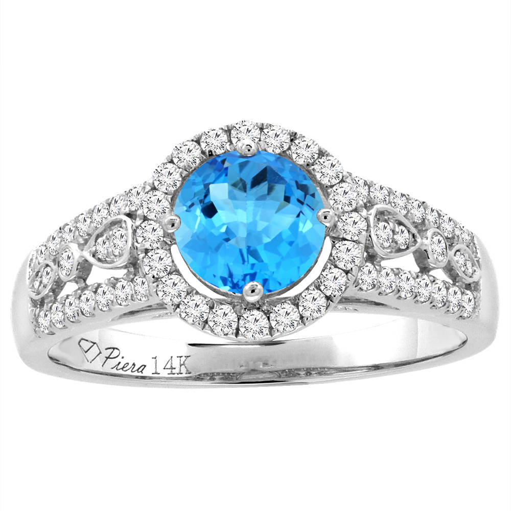 Sabrina Silver 14K White Gold Diamond Natural Swiss Blue Topaz Engagement Halo Ring Round 7 mm, sizes 5-10
