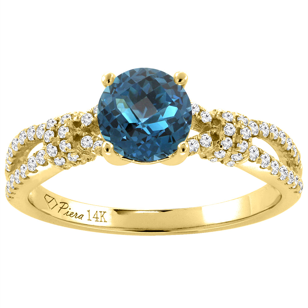 Sabrina Silver 14K Yellow Gold Diamond Natural London Blue Topaz Engagement Ring Round 7 mm, sizes 5-10
