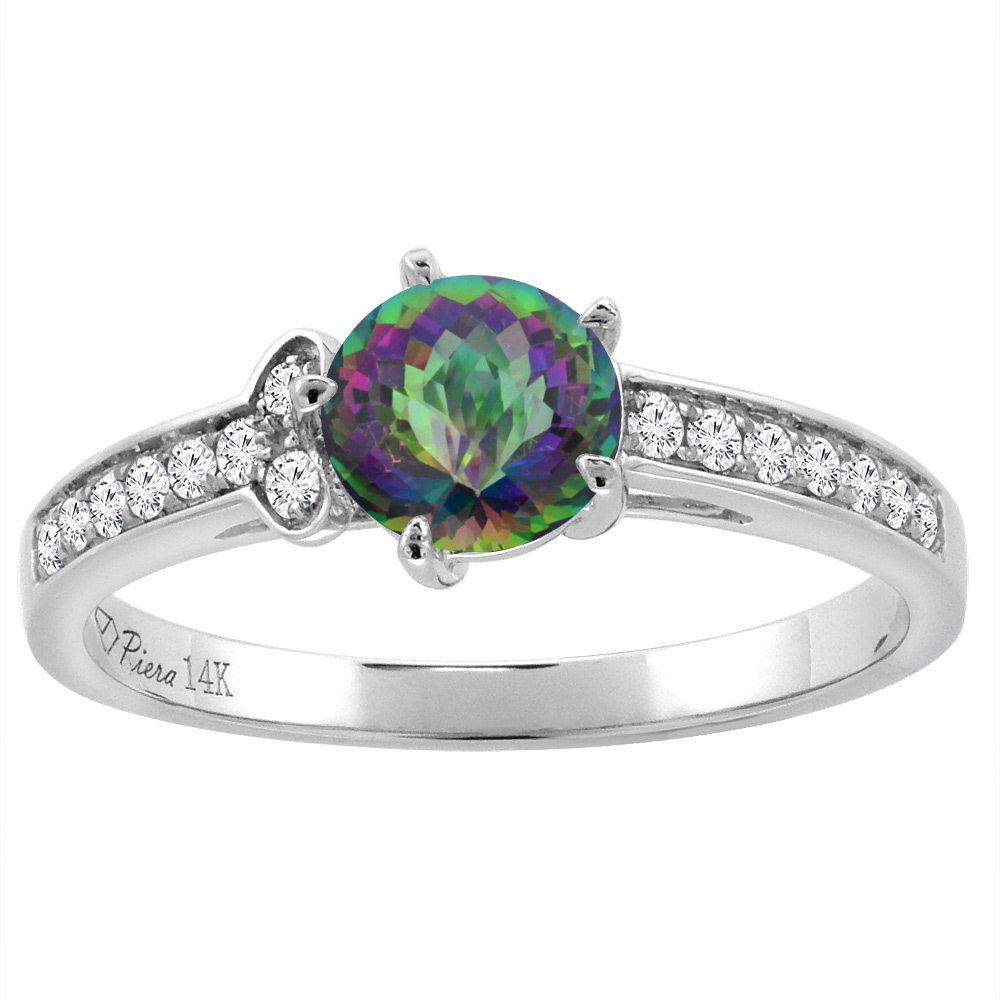 Sabrina Silver 14K White Gold Diamond Natural Mystic Topaz Engagement Ring Round 7 mm, sizes 5-10