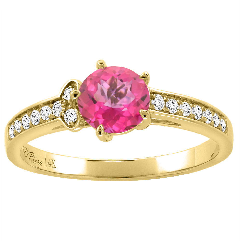 Sabrina Silver 14K Yellow Gold Diamond Natural Pink Topaz Engagement Ring Round 7 mm, sizes 5-10