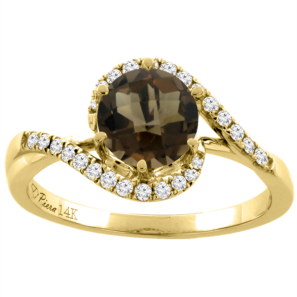 Sabrina Silver 14K Yellow Gold Diamond Natural Smoky Topaz Bypass Engagement Ring Round 7 mm, sizes 5-10