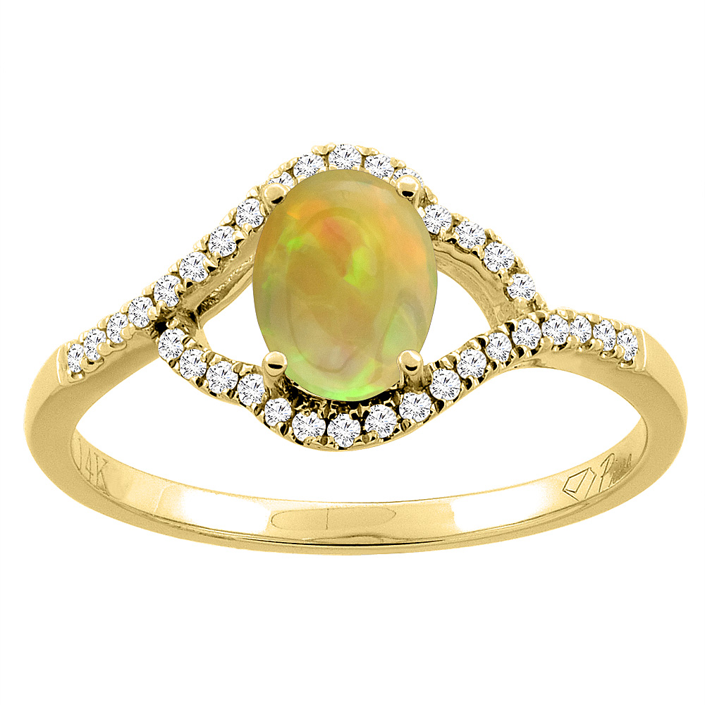 Sabrina Silver 14K Gold Diamond Natural Ethiopian Opal Engagement Ring Oval 7x5 mm, size 5 - 10