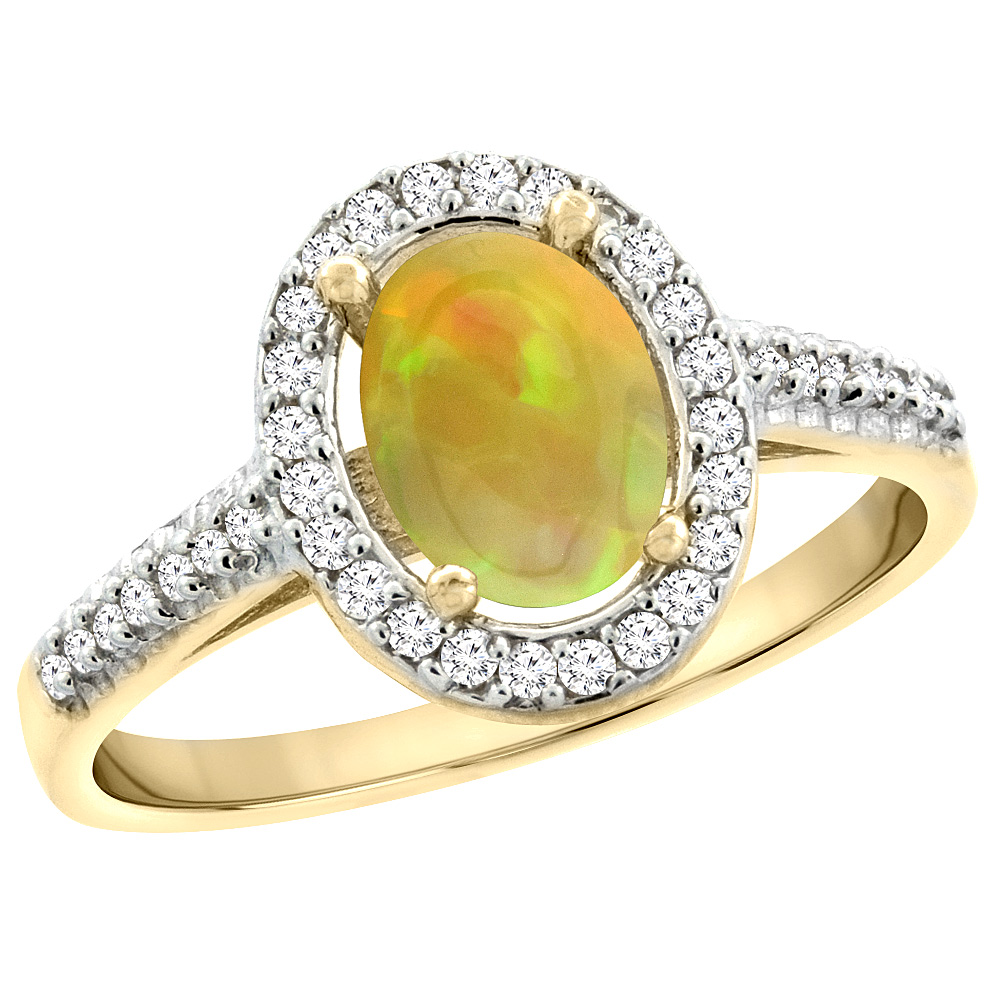 Sabrina Silver 10K Yellow Gold Diamond Halo Natural Ethiopian Opal Engagement Ring Oval 7x5 mm, size 5 - 10