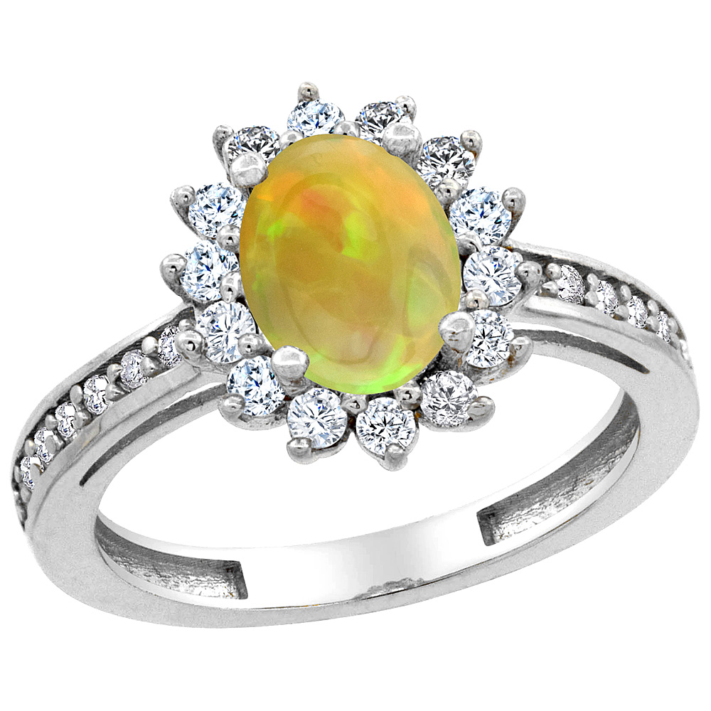 Sabrina Silver 14K White Gold Natural Ethiopian Opal Diamond Halo Engagement Ring Oval 8x6mm, size 5 - 10