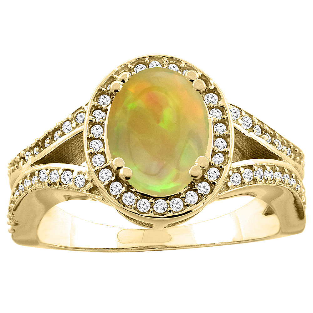 Sabrina Silver 10K White/Yellow Gold Diamond Natural Ethiopian Opal Split Engagement Ring Oval 8x6mm, size 5 - 10