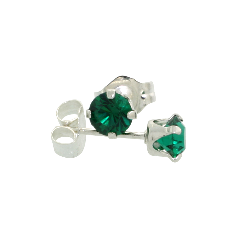 Sabrina Silver Sterling Silver 4mm Round Emerald Color Crystal Stud Earrings May Birthstones with Swarovski Crystals 1/2 ct total