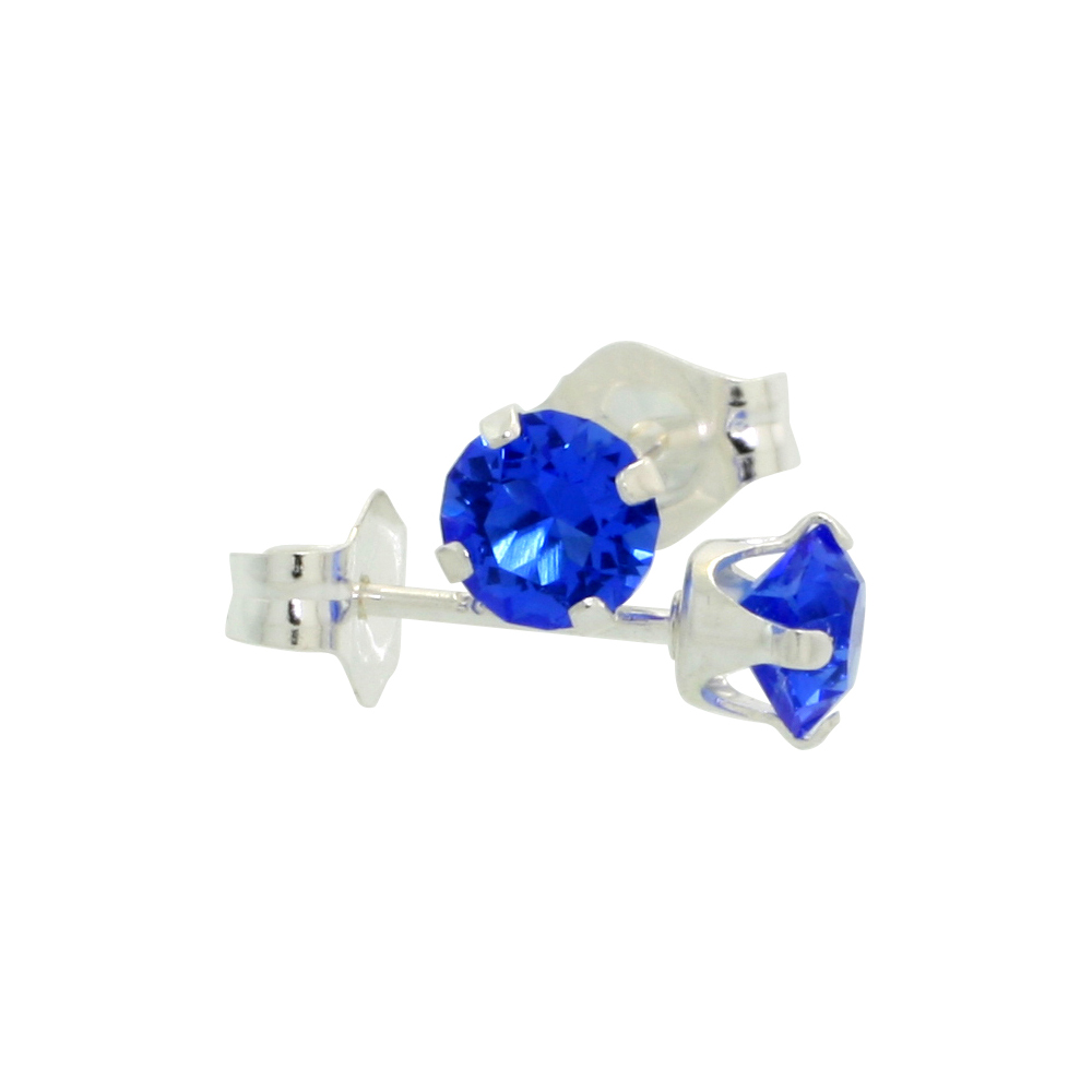 Sabrina Silver Sterling Silver 4mm Round Blue Sapphire Color Crystal Stud Earrings September Birthstones with Swarovski Crystals 1/2 ct total