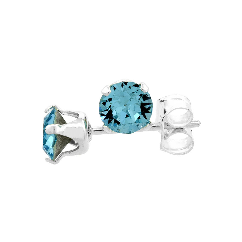 Sabrina Silver Sterling Silver 4mm Round Aquamarine Color Crystal Stud Earrings March Birthstones with Swarovski Crystals 1/2 ct total
