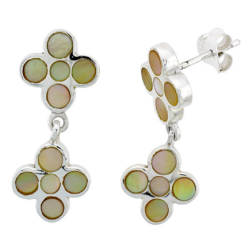 Sabrina Silver Sterling Silver Floral Mother of Pearl Inlay Earrings, 1 1/8" (28 mm) tall
