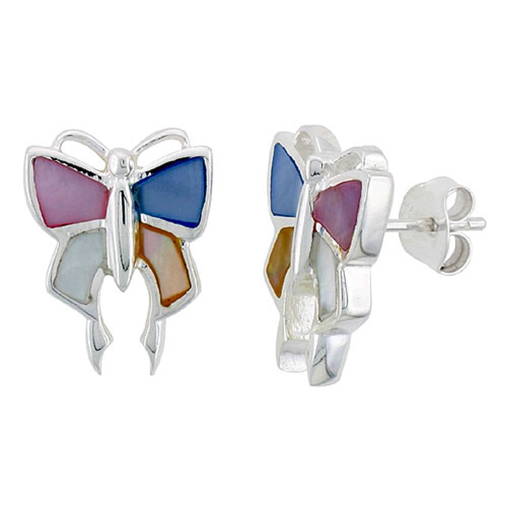 Sabrina Silver Sterling Silver Butterfly Pink, Blue, Light Yellow & White Mother of Pearl Inlay Earrings, 5/8" (15 mm) tall