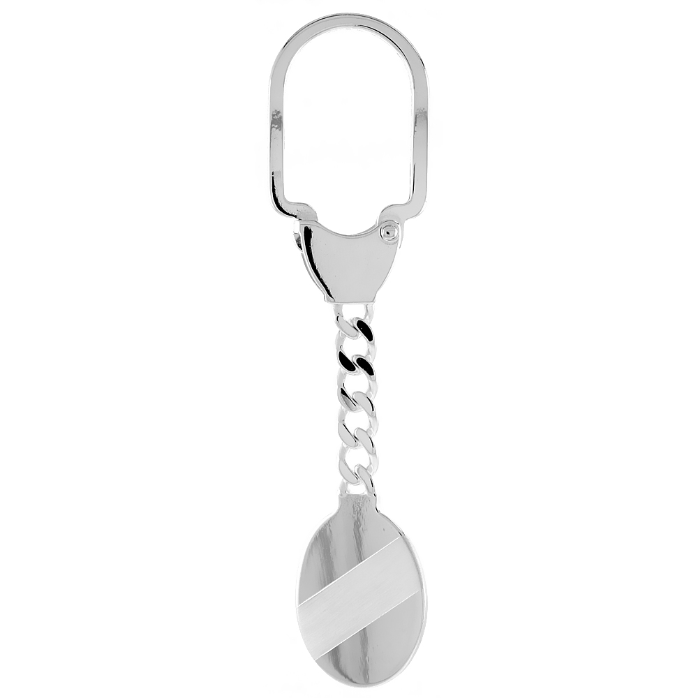 Sabrina Silver Sterling Silver Monogram Keychain Engraveable Oval Tag Key chain Diagonal Stripe Italy 3 1/2 inch