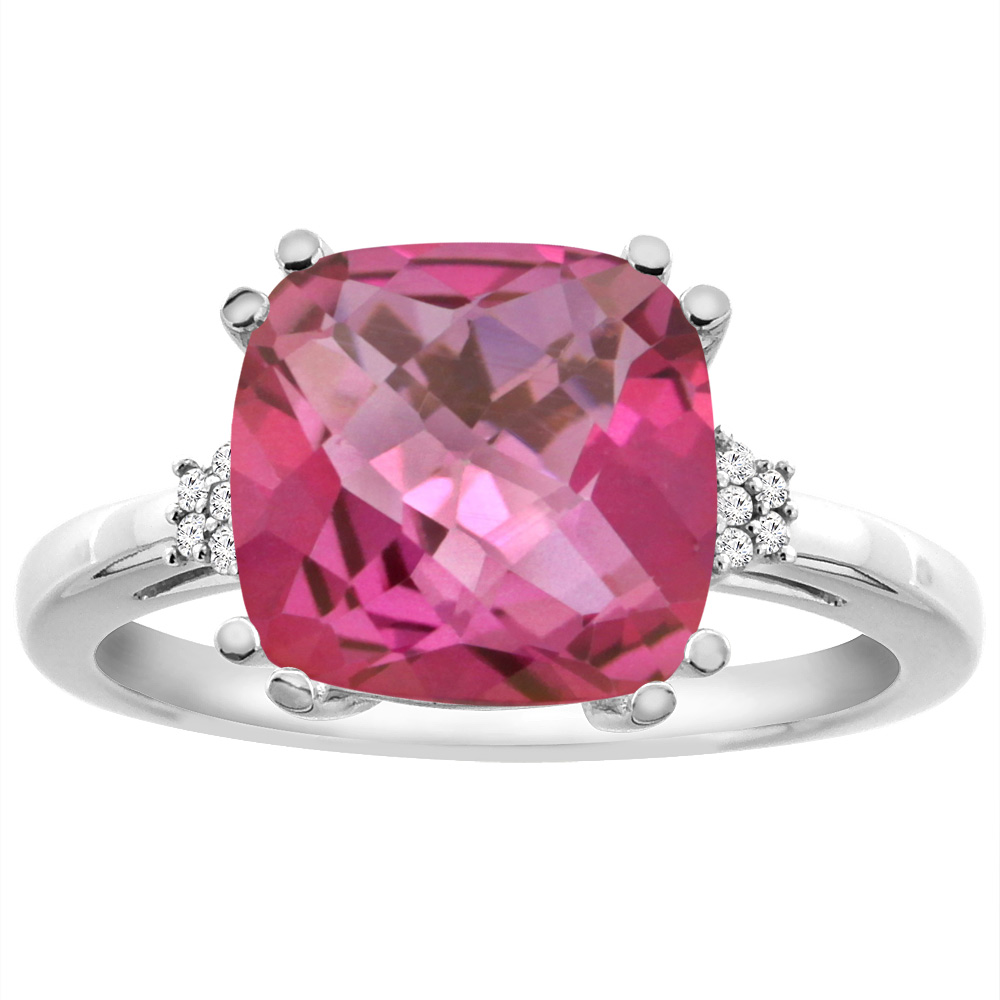 Sabrina Silver 14K White Gold Diamond Natural Pink Topaz Engagement Ring Cushion-cut 10x10 mm, sizes 5-10