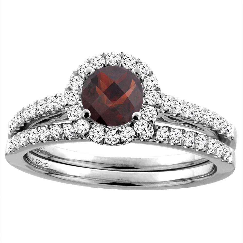 Sabrina Silver 14K White Gold Diamond Natural Garnet Halo Engagement Bridal Ring Set Round 6 mm, sizes 5-10