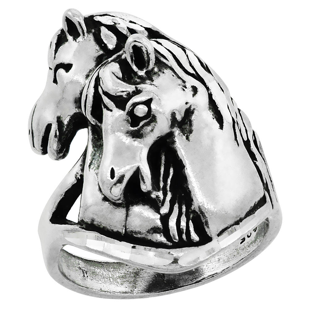 Sabrina Silver Sterling Silver Mare and Baby Horse Ring Oxidized Diamond Cut Finish 15/16 inch wide, sizes 8 - 13
