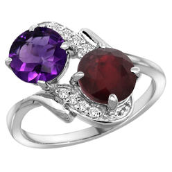 Sabrina Silver 10K White Gold Diamond Natural Amethyst & Enhanced Genuine Ruby Mother"s Ring Round 7mm, 3/4 inch wide, sizes 5 - 10