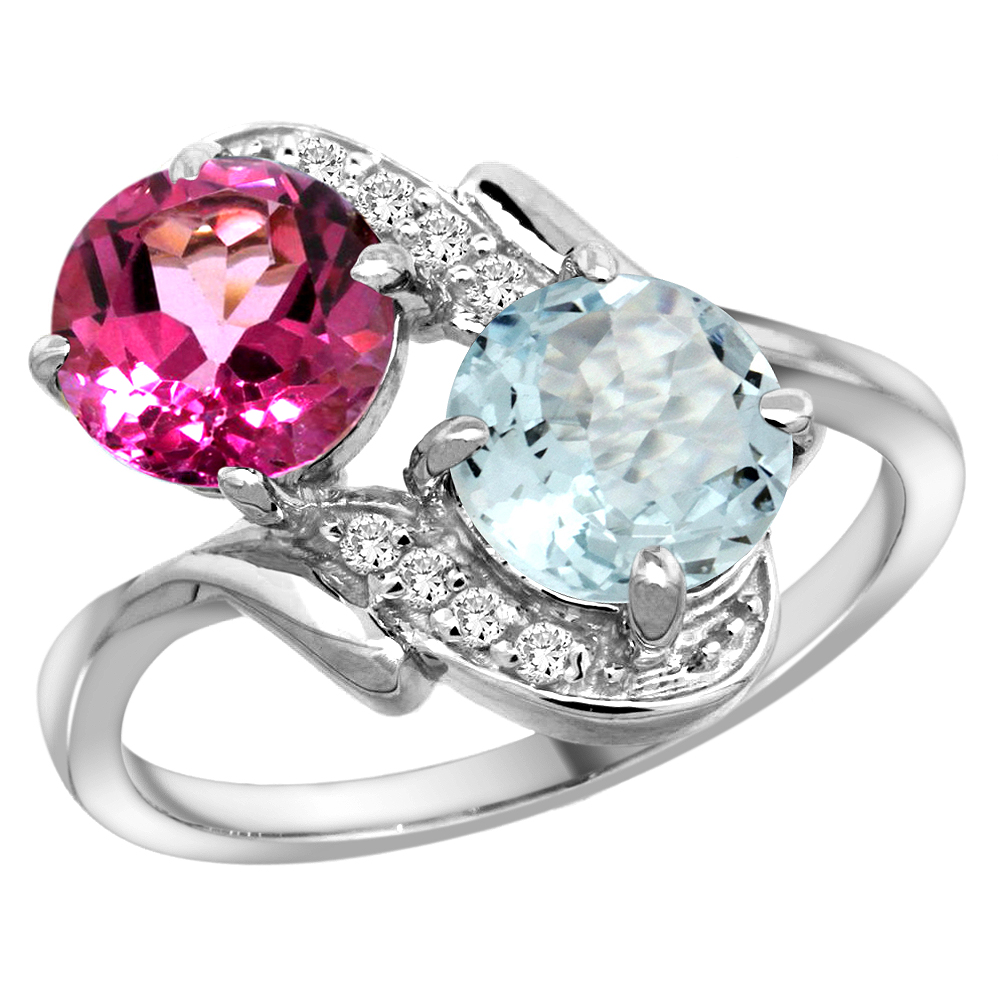 Sabrina Silver 10K White Gold Diamond Natural Pink Topaz & Aquamarine Mother"s Ring Round 7mm, 3/4 inch wide, sizes 5 - 10