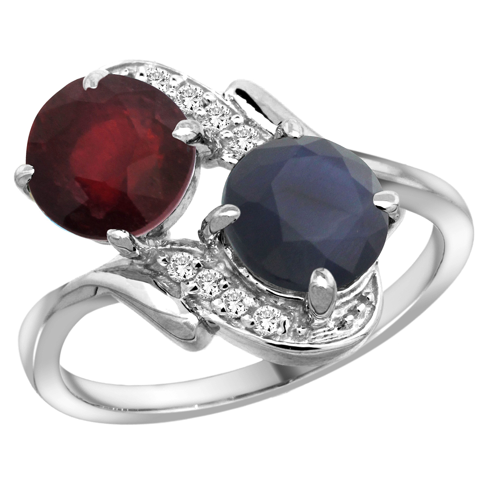 Sabrina Silver 10K White Gold Diamond Enhanced Genuine Ruby&Natural Quality Blue Sapphire 2-stone Ring Round 7mm,sz5-10