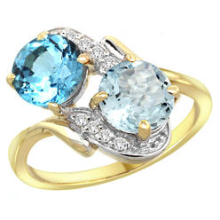 Sabrina Silver 10K Yellow Gold Diamond Natural Swiss Blue Topaz & Aquamarine Mother"s Ring Round 7mm, 3/4 inch wide, sizes 5 - 10