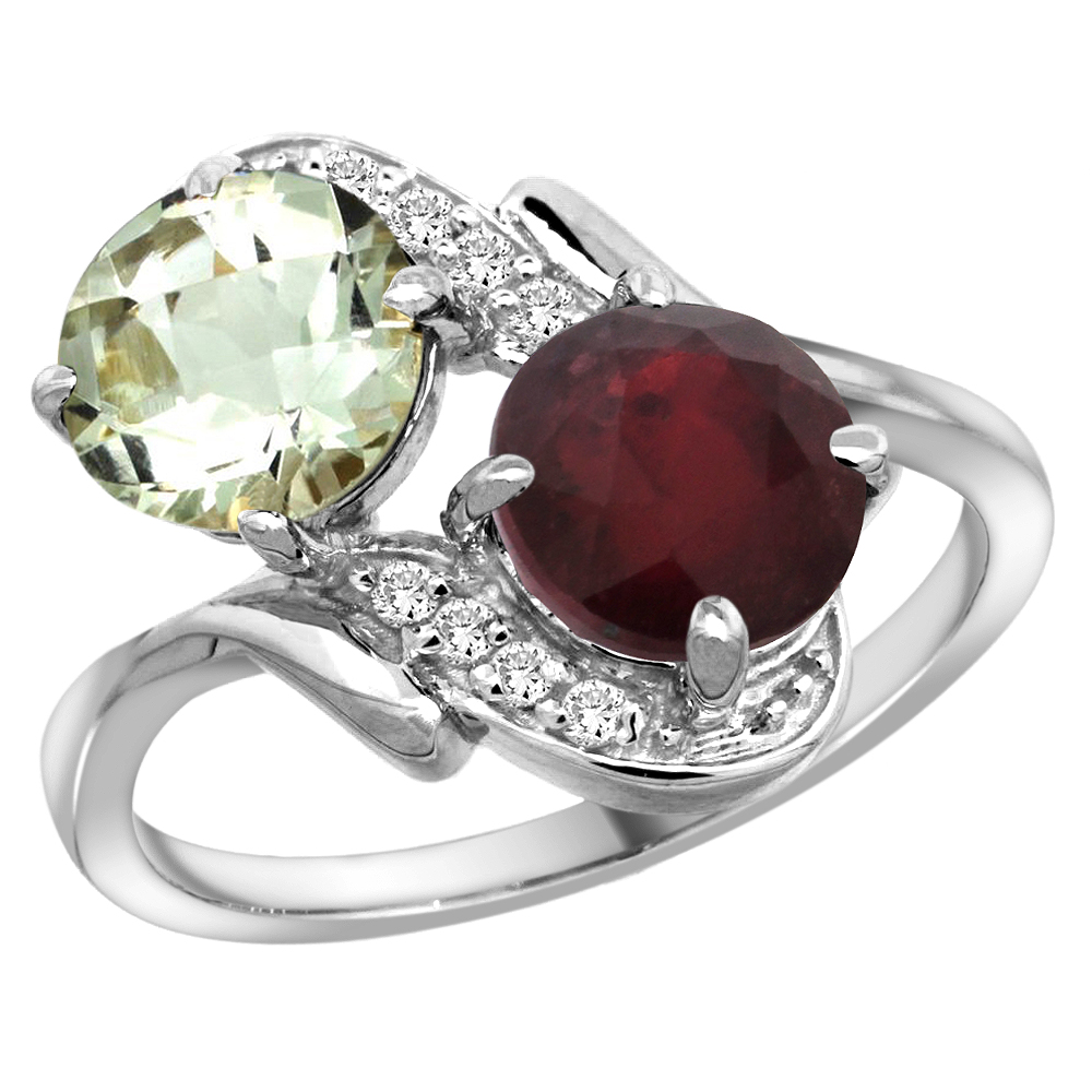 Sabrina Silver 14k White Gold Diamond Natural Green Amethyst & Enhanced Genuine Ruby Mother"s Ring Round 7mm, 3/4 inch wide, sizes 5 - 10