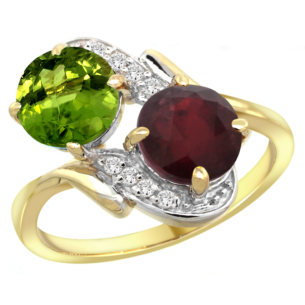 Sabrina Silver 14k Yellow Gold Diamond Natural Peridot & Enhanced Genuine Ruby Mother"s Ring Round 7mm, 3/4 inch wide, sizes 5 - 10