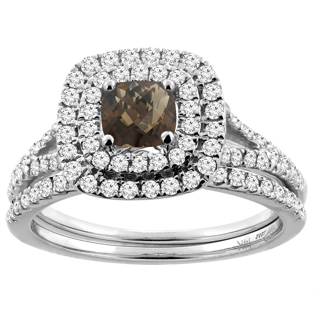 Sabrina Silver 14K White Gold Diamond Halo Natural Smoky Topaz 2pc Engagement Ring Set Cushion 6x6 mm, sizes 5-10