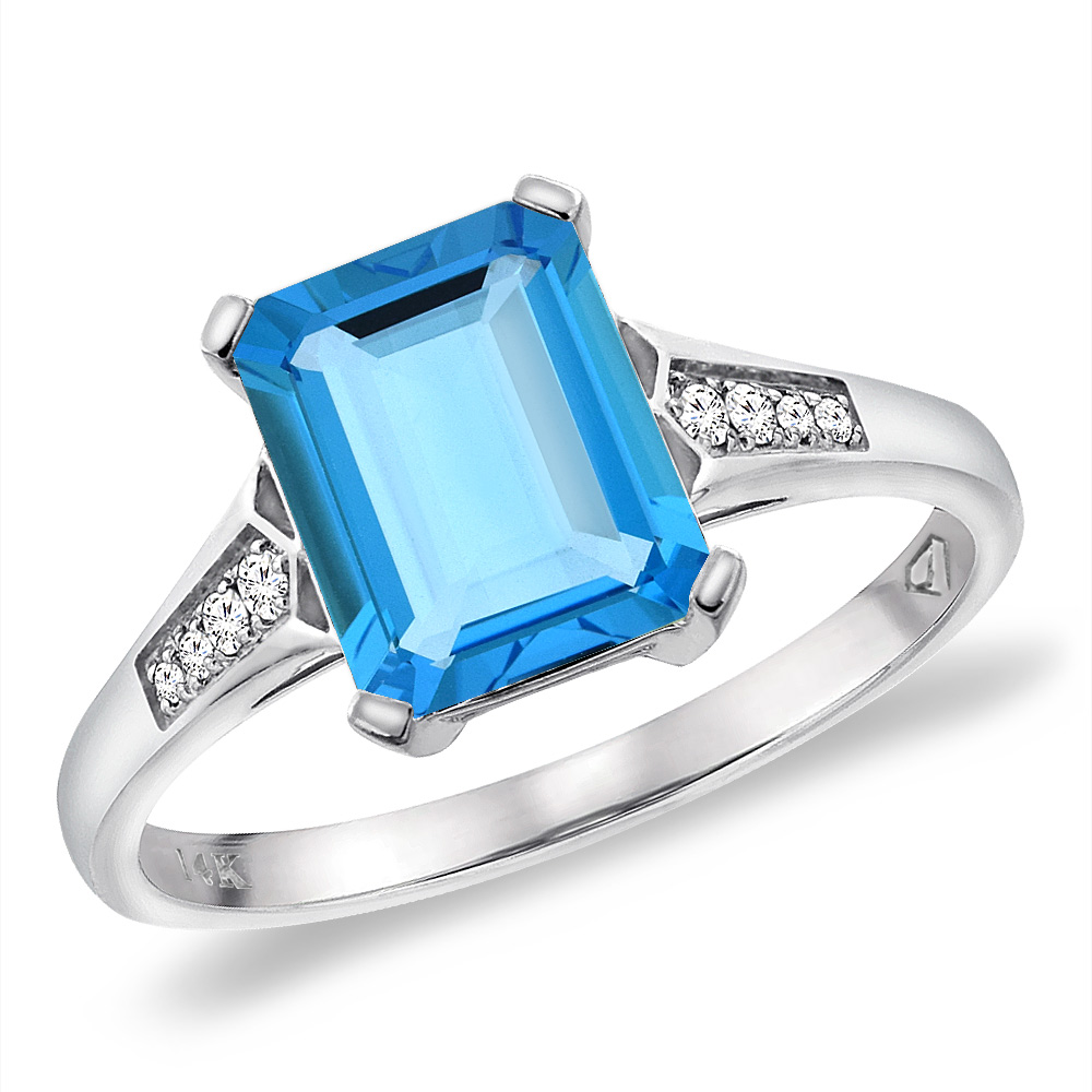 Sabrina Silver 14K White Gold Natural Swiss Blue Topaz Ring 9x7 mm Octagon with Diamond Accent, sizes 5 -10