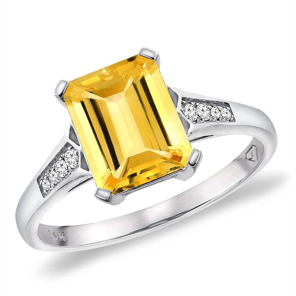 Sabrina Silver 14K White Gold Natural Citrine Ring 9x7 mm Octagon with Diamond Accent, sizes 5 -10