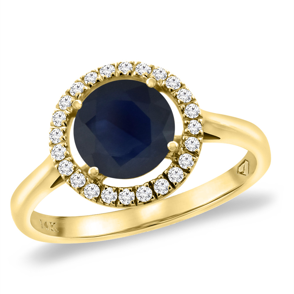 Sabrina Silver 14K Yellow Gold Natural Blue Sapphire Halo Engagement Ring Round 8 mm, sizes 5 -10