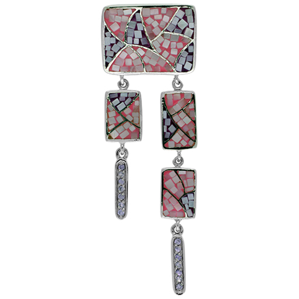 Sabrina Silver Sterling Silver Natural Shell Mosaic Rectangular Chandelier Pendant CZ Accent, 7/8 inch wide