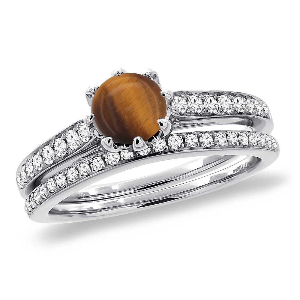 Sabrina Silver 14K White Gold Diamond Natural Tiger Eye 2pc Engagement Ring Set Round 5 mm, sizes 5-10