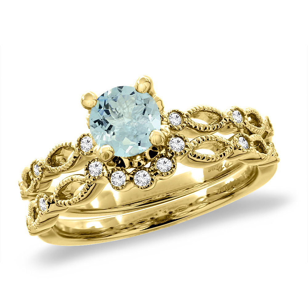Sabrina Silver 14K Yellow Gold Diamond Natural Aquamarine 2pc Engagement Ring Set Round 5 mm, sizes 5 - 10