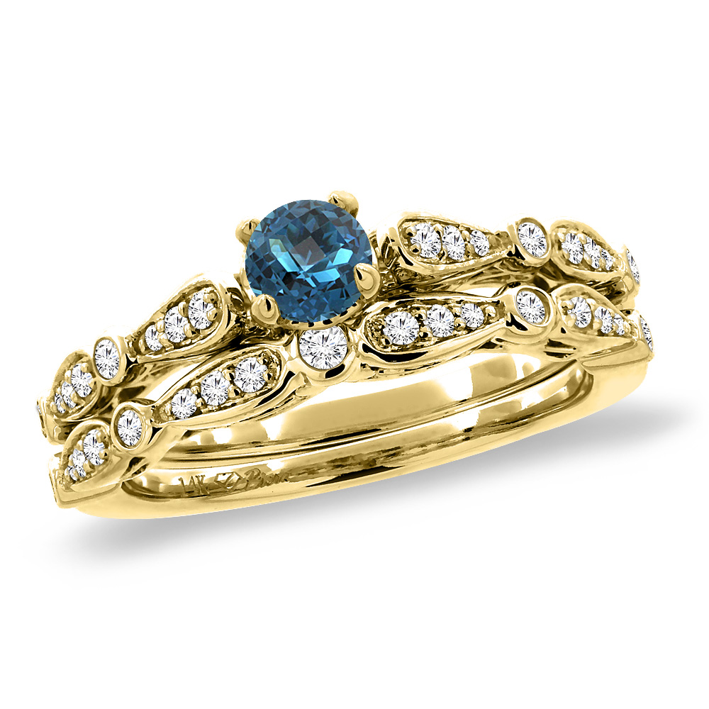 Sabrina Silver 14K Yellow Gold Diamond Natural London BlueTopaz 2pc Engagement Ring Set Round 4mm, size5-10