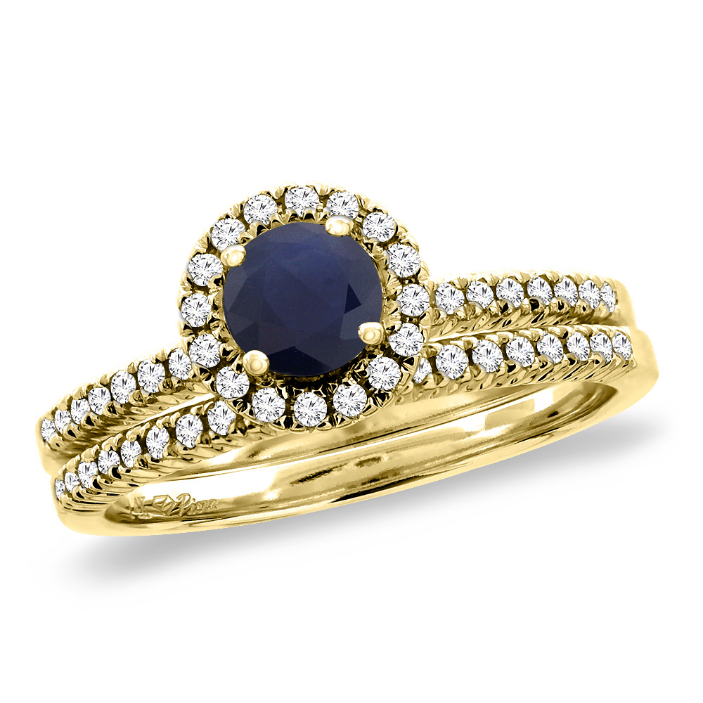 Sabrina Silver 14K Yellow Gold Diamond Natural Blue Sapphire 2pc Halo Engagement Ring Set Round 4 mm, size5-10