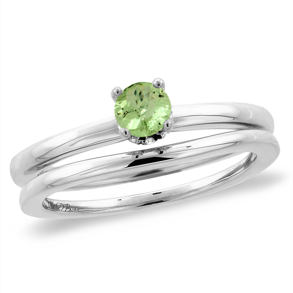 Sabrina Silver 14K White Gold Diamond Natural Peridot 2pc Solitaire Engagement Ring Set Round 4 mm, size5-10