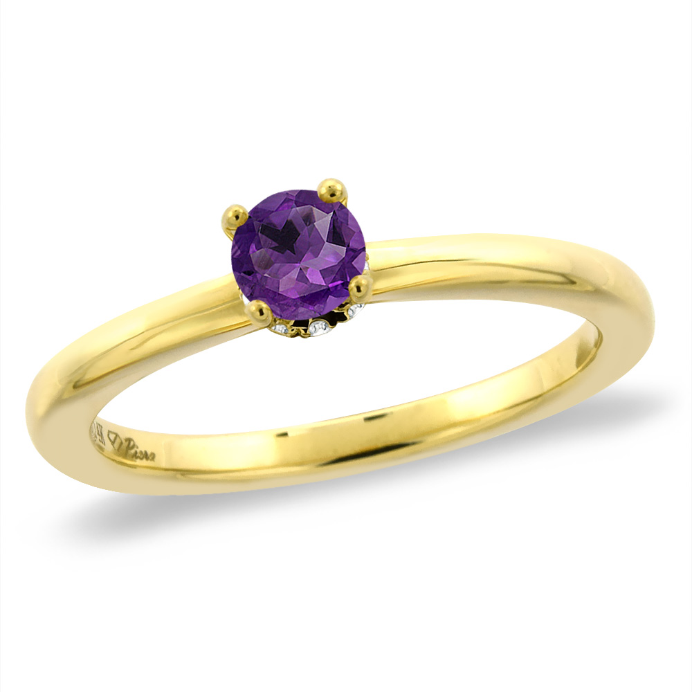 Sabrina Silver 14K Yellow Gold Diamond Natural Amethyst Solitaire Engagement Ring Round 4 mm, sizes 5 -10