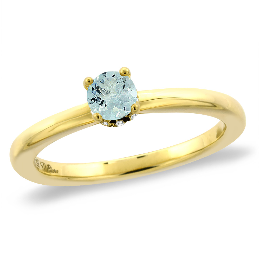 Sabrina Silver 14K Yellow Gold Diamond Natural Aquamarine Solitaire Engagement Ring Round 4 mm, sizes 5 -10