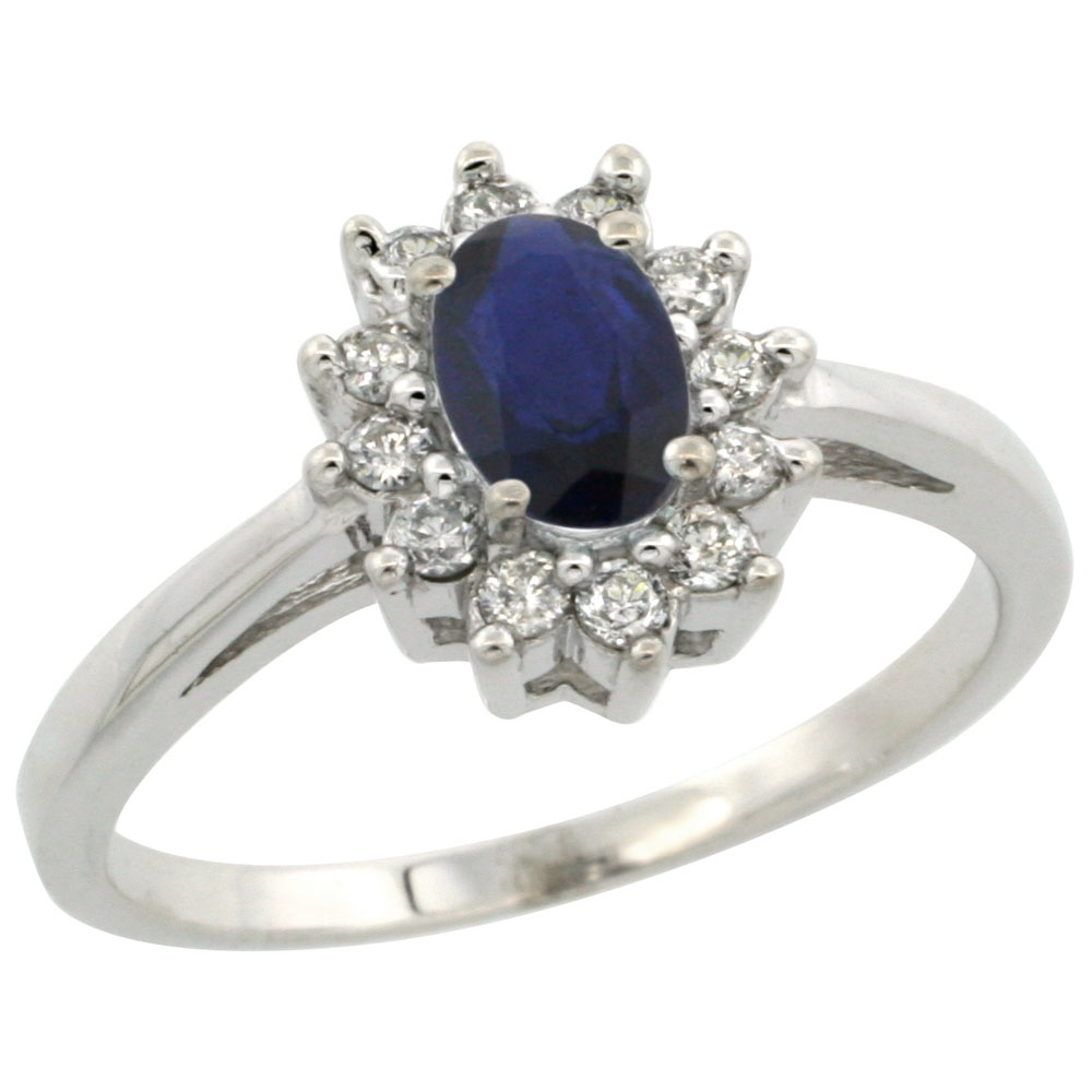 Sabrina Silver 14K White Gold Natural Blue Sapphire Flower Diamond Halo Ring Oval 6x4 mm, sizes 5 10