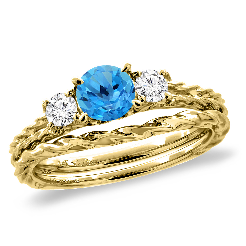 Sabrina Silver 14K Yellow Gold Diamond Natural Swiss Blue Topaz 2pc Engagement Ring Set Round 6mm Twisted, size 5-10
