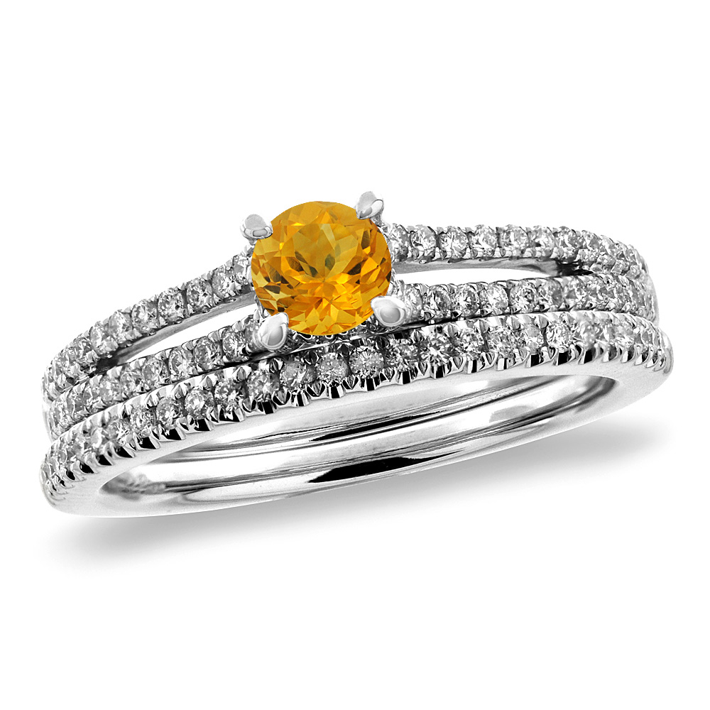 Sabrina Silver 14K White Gold Diamond Natural Citrine 2pc Engagement Ring Set Round 5 mm, sizes 5-10