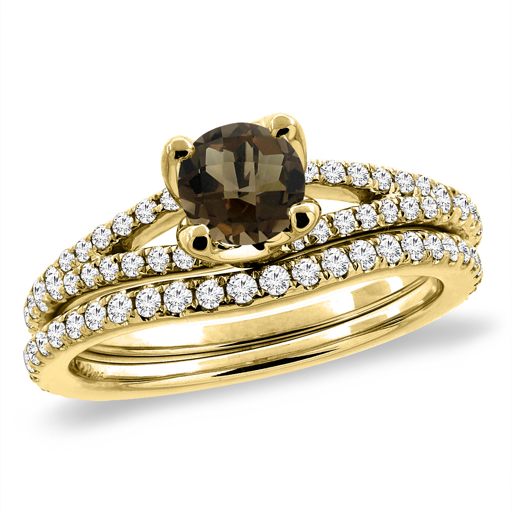 Sabrina Silver 14K Yellow Gold Diamond Natural Smoky Topaz 2pc Engagement Ring Set Round 5 mm, sizes 5-10