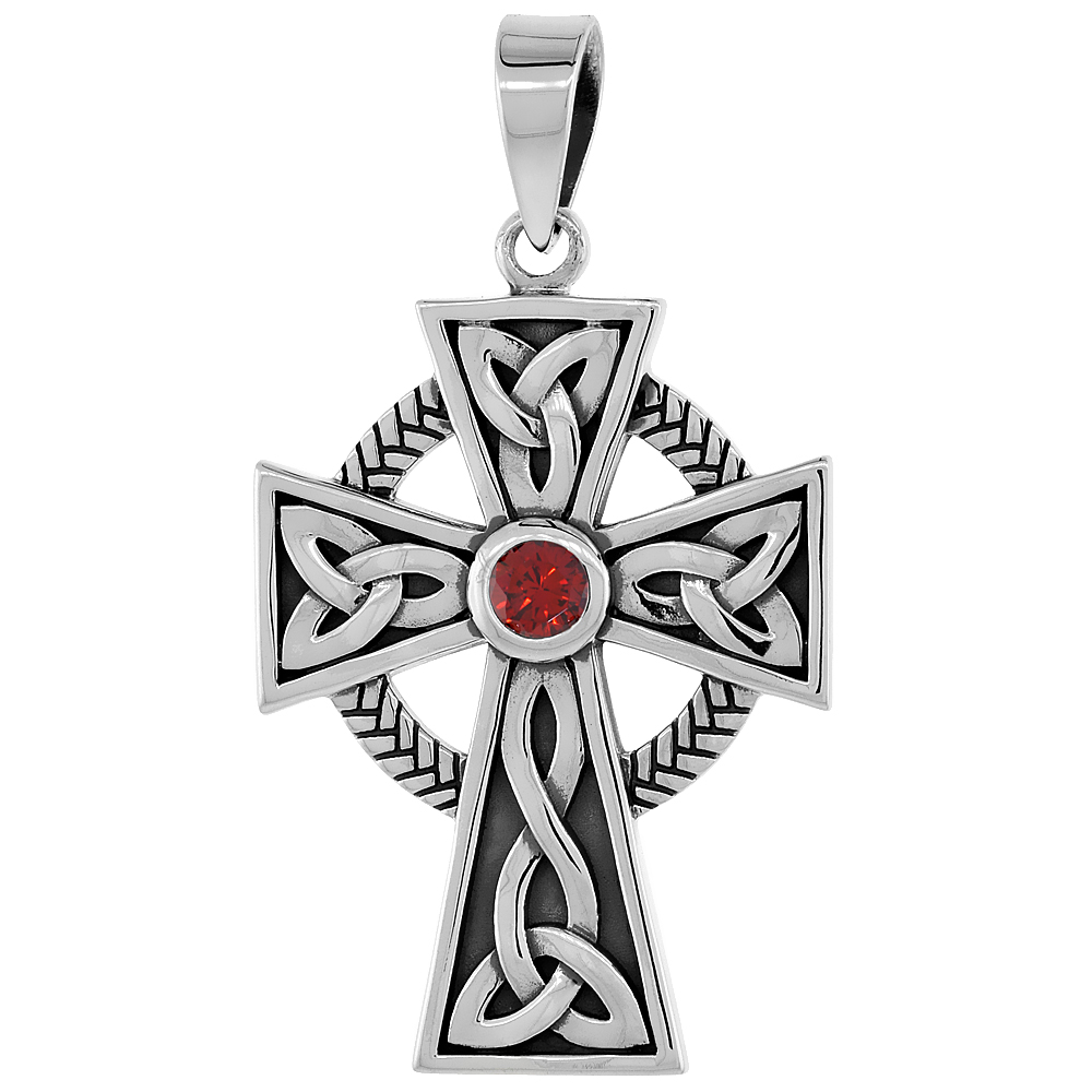 Sabrina Silver Sterling Silver Trinity Celtic Cross Necklace with Triquetras Red CZ, 1 1/4 inch tall