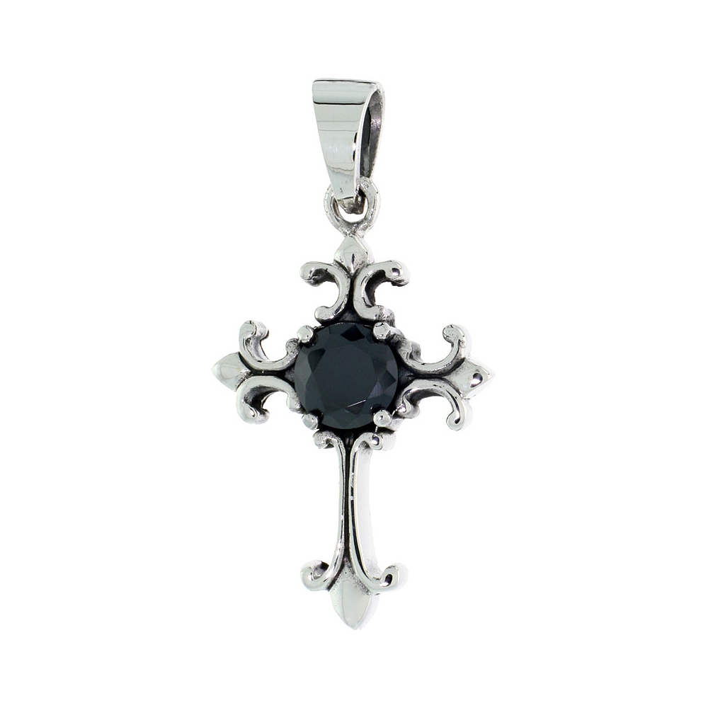 Sabrina Silver Sterling Silver Nativity Cross Necklace w/ Large Black CZ, 1 1/16 inch tall