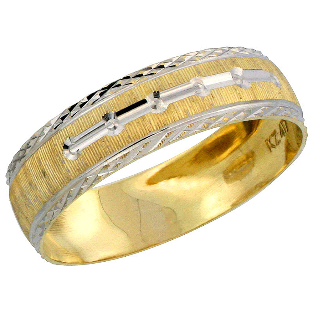 Sabrina Silver 10k Gold Men"s Wedding Band Ring Diamond-cut Pattern Rhodium Accent, 7/32 in. (5.5mm) wide, Sizes 8 - 14