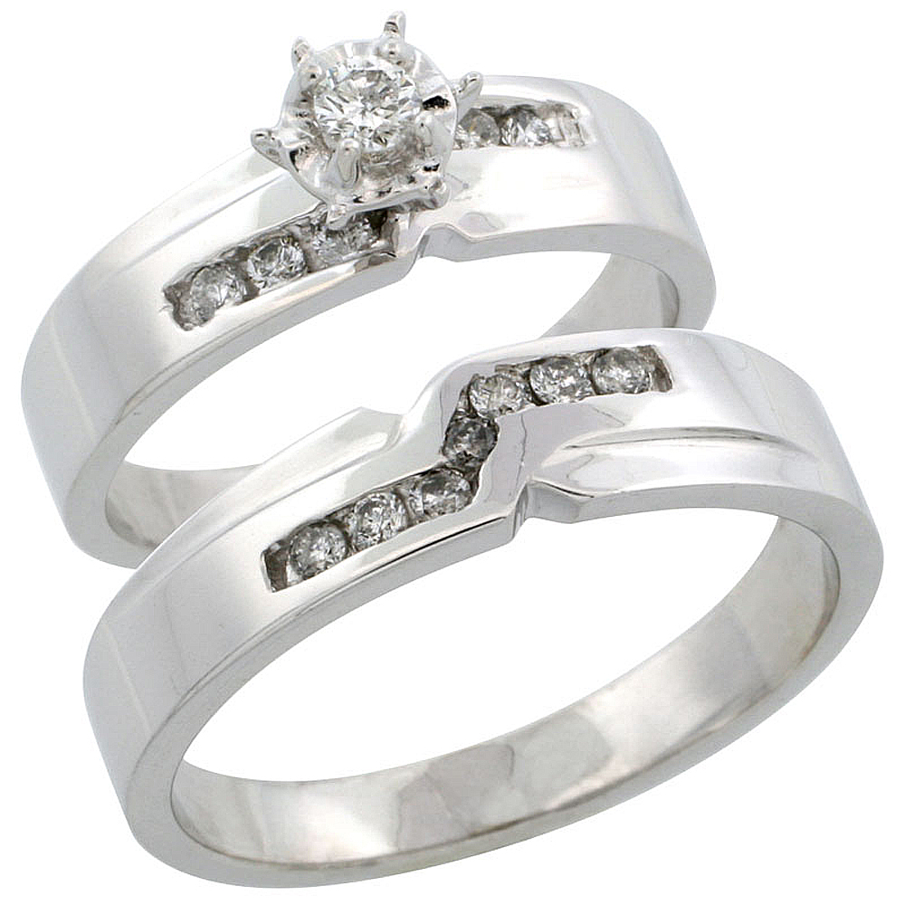 Sabrina Silver 10k White Gold 2-Piece Diamond Ring Band Set w/ Rhodium Accent ( Engagement Ring & Man"s Wedding Band ), w/ 0.31 Carat Brilliant